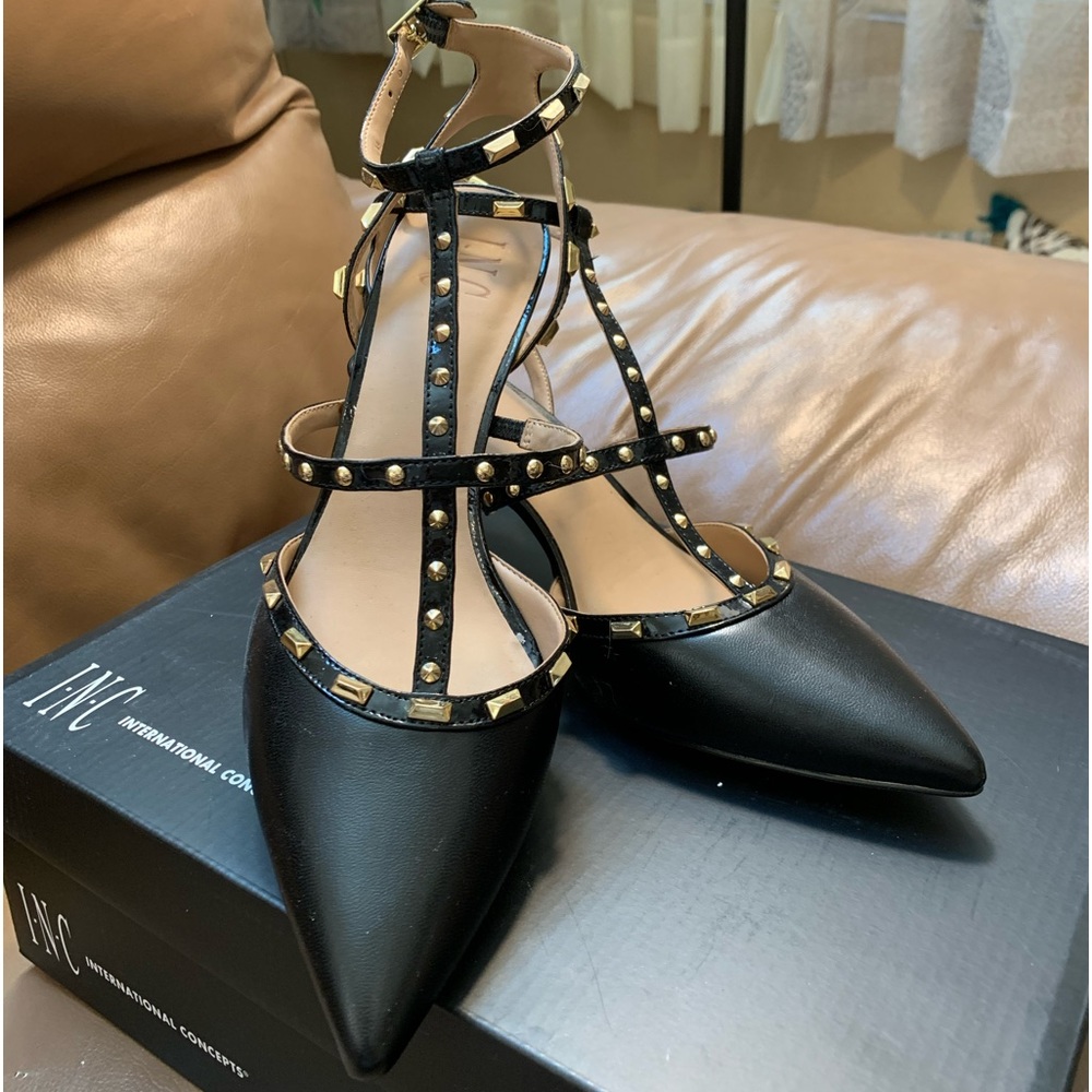 INC Black Studded T-Strap Ankle Heels Shoes size 9.5 NIB